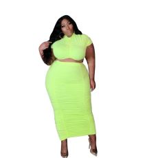 Plus Size Solid Short Sleeve Long Skirt 2 Piece Sets MOF-6616