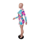 Tie Dye Ruched Long Sleeve Mini Skirt 2 Piece Sets BS-1260