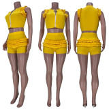 Solid Ruffled Sleeveless Two Piece Shorts Set MDF-5223