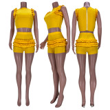 Solid Ruffled Sleeveless Two Piece Shorts Set MDF-5223