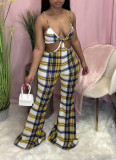 Sexy Plaid Spaghetti Strap Hollow Flared Jumpsuit NM-8348