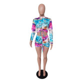 Tie Dye Ruched Long Sleeve Mini Skirt 2 Piece Sets BS-1260