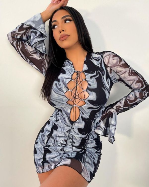Sexy Printed Lace Up Hollow Flare Sleeve Mini Dress MDF-5224
