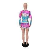 Tie Dye Ruched Long Sleeve Mini Skirt 2 Piece Sets BS-1260