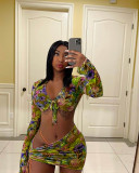 Floral Print Long Sleeve Mini Skirt 3 Piece Sets MDF-5225