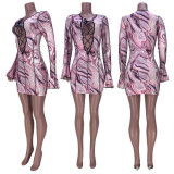 Sexy Printed Lace Up Hollow Flare Sleeve Mini Dress MDF-5224