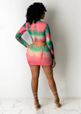 Tie Dye Ruched Long Sleeve Mini Skirt 2 Piece Sets BS-1260