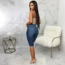 Denim Ripped Hole High Waist Half Length Jeans HSF-2411