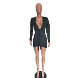 Sexy Solid Color Low-cut Long Sleeve Mini Dress BN-9268