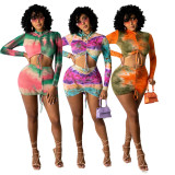 Tie Dye Ruched Long Sleeve Mini Skirt 2 Piece Sets BS-1260