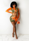 Tie Dye Ruched Long Sleeve Mini Skirt 2 Piece Sets BS-1260