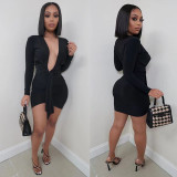 Sexy Solid Color Low-cut Long Sleeve Mini Dress BN-9268