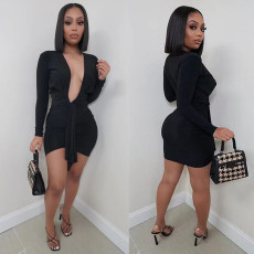Sexy Solid Color Low-cut Long Sleeve Mini Dress BN-9268
