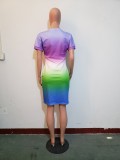 Pink Letter Print Gradient Short Sleeve Dress JH-220