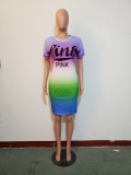 Pink Letter Print Gradient Short Sleeve Dress JH-220