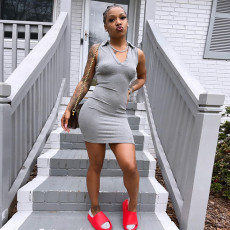 Solid V Neck Short Sleeve Mini Dress GLF-8141