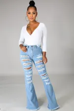 Denim High Waist Ripped Hole Flared Jeans LA-3262