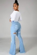 Denim High Waist Ripped Hole Flared Jeans LA-3262