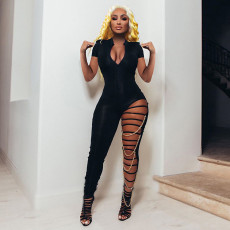 Sexy Short Sleeve Hole Skinny Jumpsuit With Chain GLF-8146