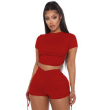 Solid Backless Rauched Two Piece Short Sets IV-8195