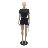 Solid Backless Rauched Two Piece Short Sets IV-8195
