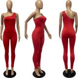 Solid One Shoulder Sleeveless Skinny Jumpsuits FSL-130