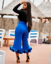 Solid Ruffled High Waist Wide Leg Capri Pants QY-5236