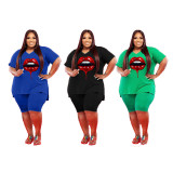 Plus Size Lip Print V Neck Two Piece Short Sets YIM-178