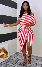Plus Size Fashion Casual Striped Print Dress WAF-7166