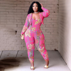 Sexy Printed Blazer Coat +Strap Jumpsuit 2 Piece Sets QSF-5071