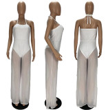 Plus Size Sexy Mesh Halter Neck Lace-up Wide-leg Jumpsuit XYF-9091
