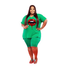 Plus Size Lip Print V Neck Two Piece Short Sets YIM-178
