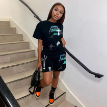 Casual Printed T Shirt And Shorts 2 Piece Suits YIBF-6057