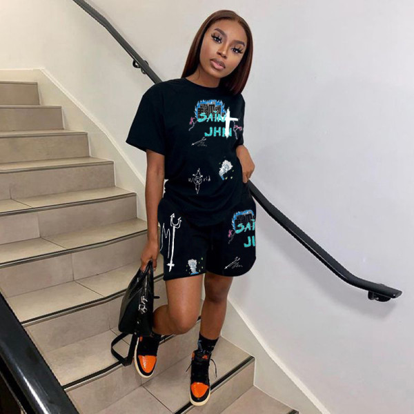 Casual Printed T Shirt And Shorts 2 Piece Suits YIBF-6057