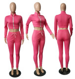 Solid Long Sleeve Zipper Two Piece Pants Set YIM-150