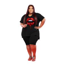 Plus Size Lip Print V Neck Two Piece Short Sets YIM-178