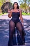 Plus Size Sexy Mesh Halter Neck Lace-up Wide-leg Jumpsuit XYF-9091