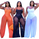 Plus Size Sexy Mesh Halter Neck Lace-up Wide-leg Jumpsuit XYF-9091