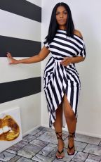 Plus Size Fashion Casual Striped Print Dress WAF-7166