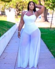 Plus Size Sexy Mesh Halter Neck Lace-up Wide-leg Jumpsuit XYF-9091