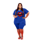 Plus Size Lip Print V Neck Two Piece Short Sets YIM-178