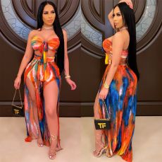 Sexy Printed Tie Up Wrap Chest Split Trousers  Two Piece Sets LSL-6425