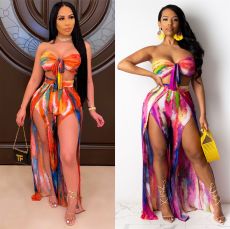 Sexy Printed Tie Up Wrap Chest Split Trousers  Two Piece Sets LSL-6425