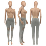 Solid Ruched Hole Split Long Pants GLF-7007