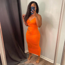 Solid Sexy Spaghetti Strap Hollow Out Midi Dress GLF-8148