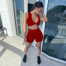 Solid Sleeveless Slim Fit Two Piece Short Sets GLF-8163