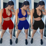 Solid Sleeveless Slim Fit Two Piece Short Sets GLF-8163