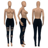 Solid Ruched Hole Split Long Pants GLF-7007