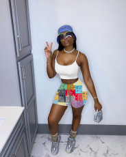Patchwork Print Casual Sports Skinny Shorts FSL-144