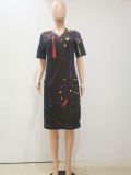 Ink Jet Print V Neck Casual Loose Dress NYF-8048